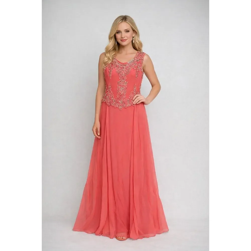 NEW J. Kara Women's 8 Petite Cap Sleeve Beaded Top Long Dress Coral 2737 - Picture 1 of 14